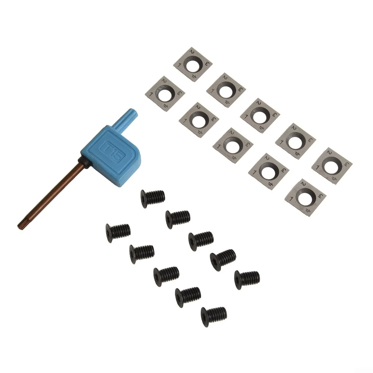 Hoja cuadrada de carburo de 14 x 14 x 2 mm para herramientas de torno de carpintería, hoja indexable, ángulo de corte de 30 grados, diseño de 4 lados, para madera ordinaria, 10 piezas, tornillos