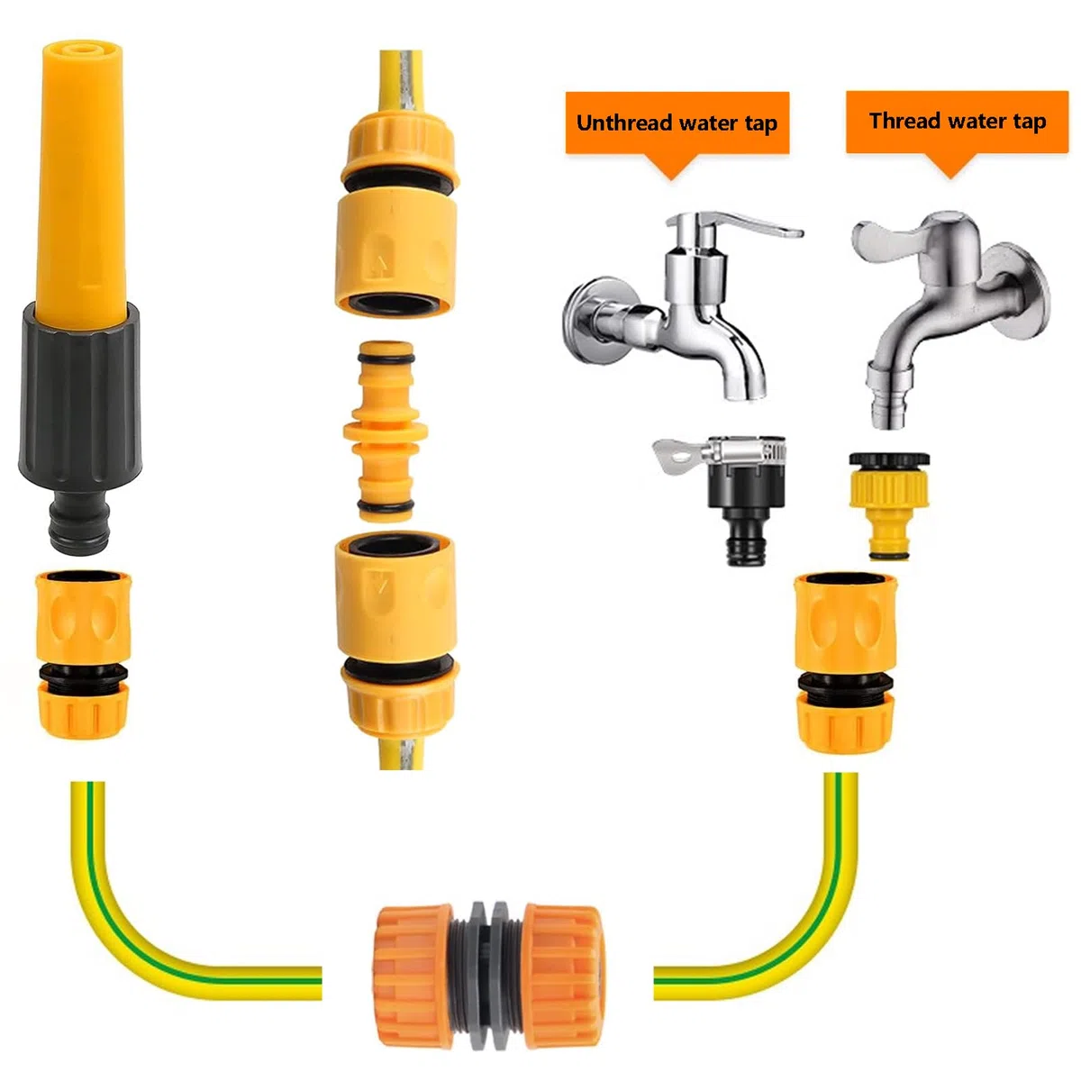 Kit de 14 accesorios de riego de plástico - Boquilla y conectores rápidos con sistema de parada de agua para reparación