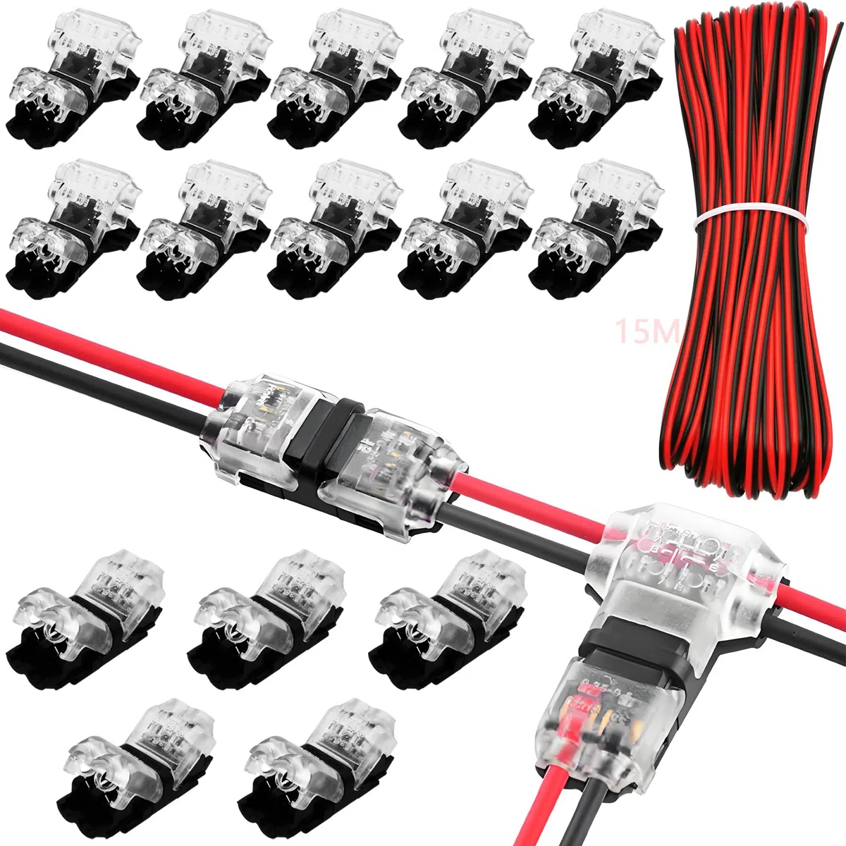 CTRICALVER Cable de extensión de tira LED, 2 pines, 15 m, 22WAG. Para dispositivo LED 12V. Conectores rápidos T2&H2. Aptos para cintas, luces de cadena LED y bricolaje, 5V-24V.