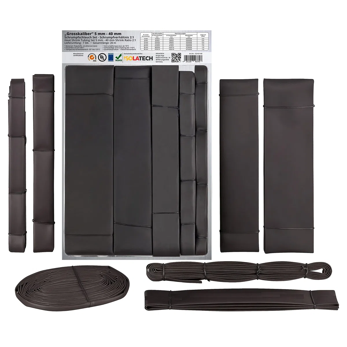 ISOLATECH gran calibre 20 metros 2:1 sin adhesivo tubo termoretráctil surtido juego negro sin etiquetar (5mm, 8mm, 10mm, 15mm, 20mm, 30mm, 40mm c/u por pieza) | En blanco, 5 mm, 8 mm, 10 mm, 15 mm, 20 mm, 30 mm y 40 mm, cada una por pieza, de poliolefina,