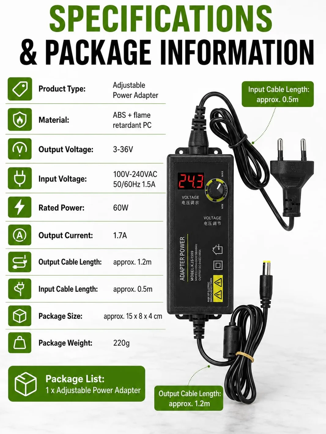 VOBOR Adaptador Ajustable, 3-36V Fuente de Alimentacin Regulable Universal con Control de Velocidad del Motor, Adaptador Unidad de Alimentación de Amplio Rango