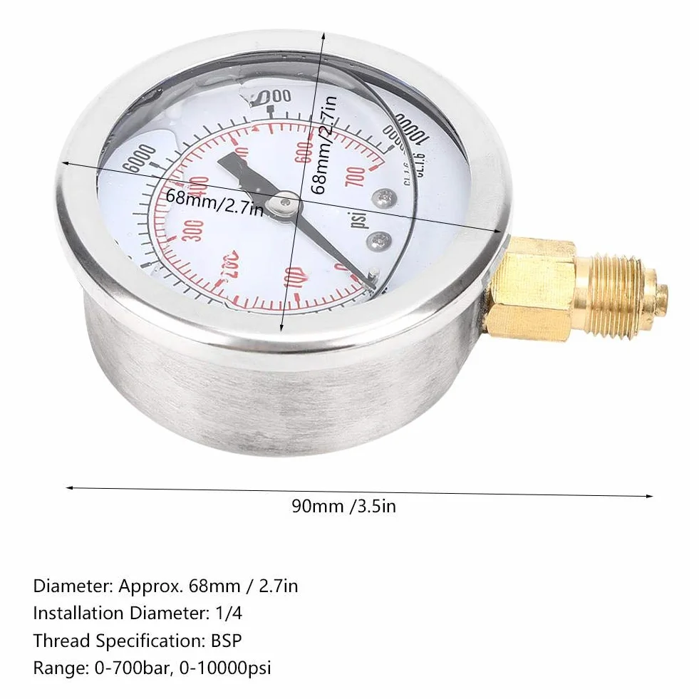 BuyWeek Manómetro de Presión Manómetro Hidráulico, 0-700 Bar 0-10000 PSI 1/4 BSP de Acero Inoxidable para Prueba de Agua