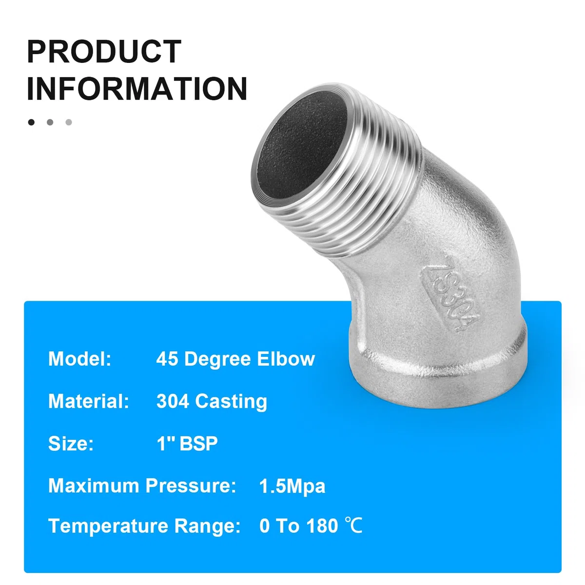 TAILONZ PNEUMATIC Accesorios de acero inoxidable 304 con codo de 45 grados, conector de tubería con rosca hembra BSP de 1" a hembra BSP de 1" (paquete de 1)