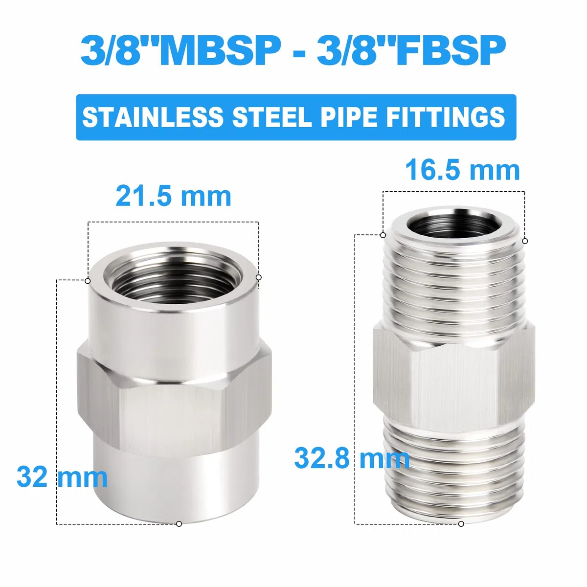 4 piezas 3/8" x 3/8" BSP SUS 304 accesorios de tubería de forja, tubería de rosca macho de 3/8" y tubería de rosca hembra