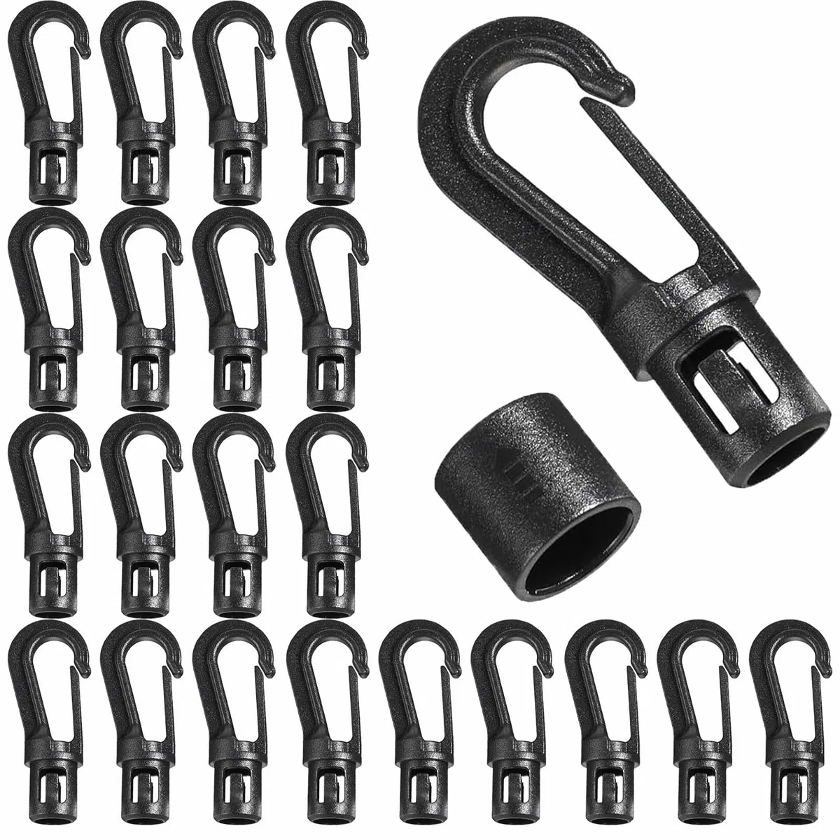 20 ganchos de plástico negro para cuerda elástica de 1/8 pulgadas de diámetro