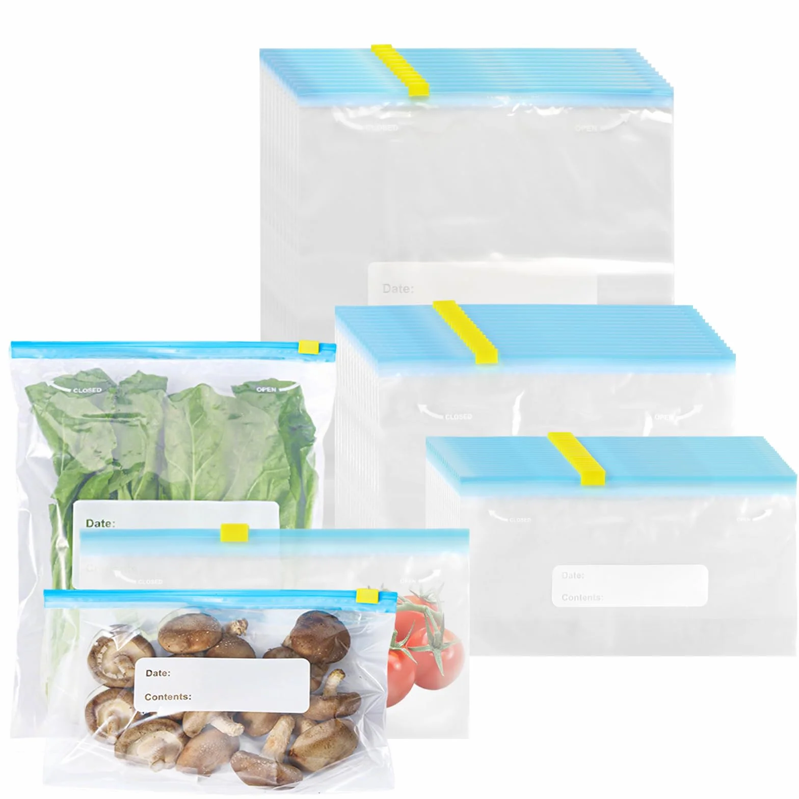 90 bolsas reutilizables para congelar con cremallera, 3 tamaños, bolsas con cremallera, bolsas de congelación, bolsas para sándwich para cocina, verduras, aperitivos, carne, frutas