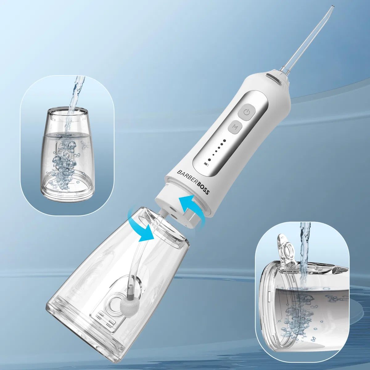 Barberboss Hilo dental portátil para dientes, irrigador oral recargable, kit de hilo dental con 5 ajustes de presión, 5 boquillas intercambiables, tanque de agua de 300 ml y diseño fácil