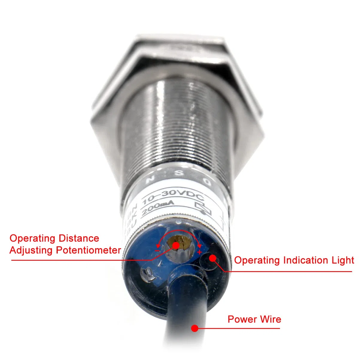 Heschen Interruptor de sensor de proximidad capacitivo, LJC12A3-5-Z/BY, Detector 5mm, 10-30VDC, 200mA, PNP, normalmente abierto (NO), 3 cables