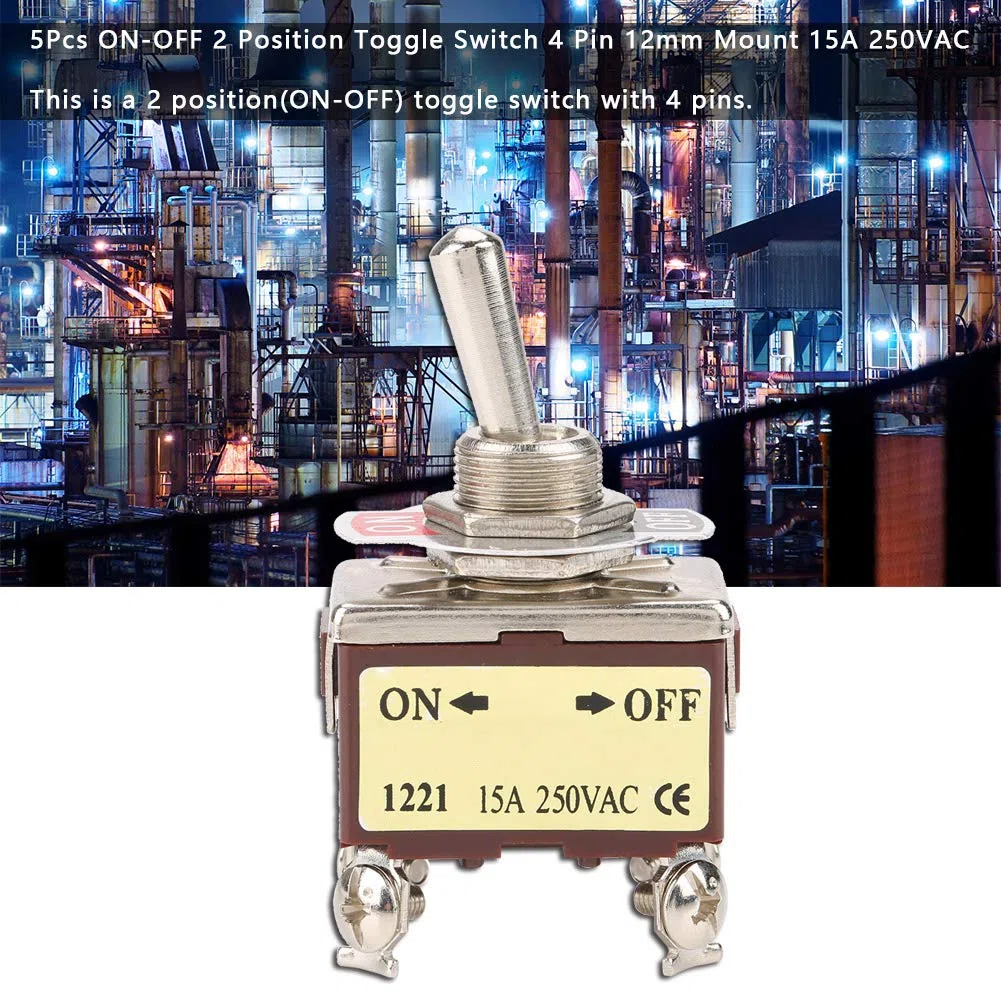 Tbest Interrupteur 230V On 5Pcs On Off Interruptor de Palanca de 2 Posiciones 4 Pines 12Mm Montaje 15A 250Vac