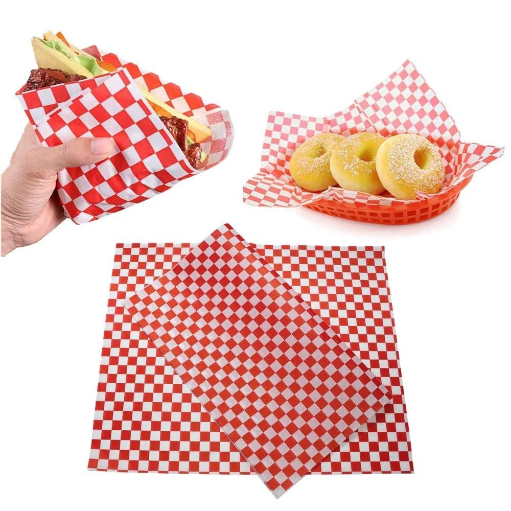 Papel de Envoltorio Antigrasa 100 pcs 28X34 cm Cuadrados Blancos Rojos Antihumedad Durable Papel Horno para Envolver para Bocadillo Hamburguesas Snacks