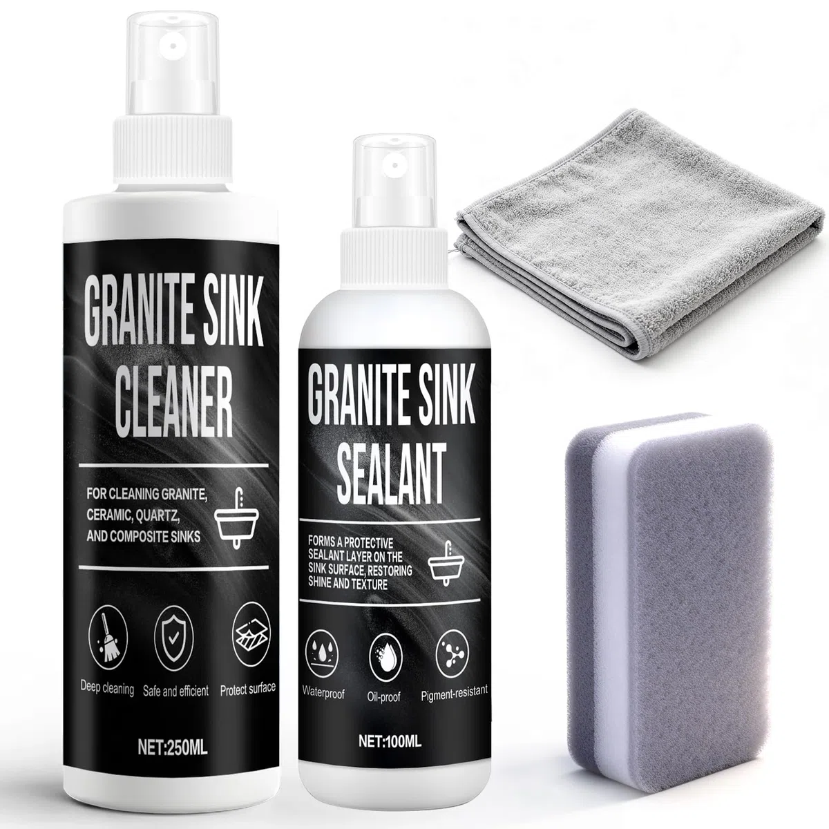 Granite Sink Cleaner, Impregnación para Fregaderos de Granito, Limpiador Fregadero Granito, con 1 Esponjas y 1 Paño de Microfibra, Limpieza, Impermeabilización y Sellado Fregadeross Granitos