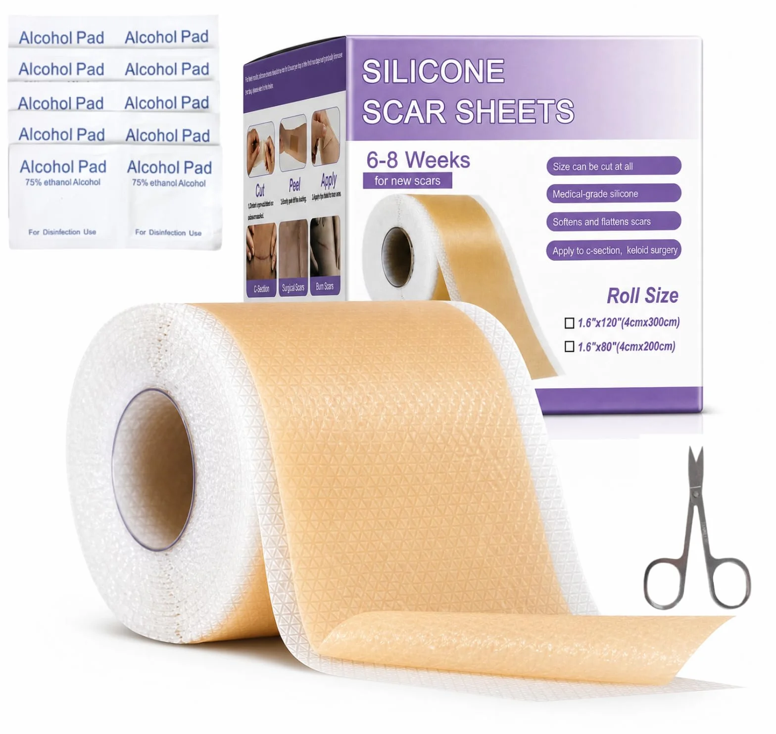 Parches Cicatrizantes de Silicona 300 cm x 4 cm con 10 Almohadillas con Alcohol & 1 Tijeras, Pre-cortado 5 cm Easy-Tear Silicone Scar Sheets, Color Piel Mate, Impermeable & Reutilizables