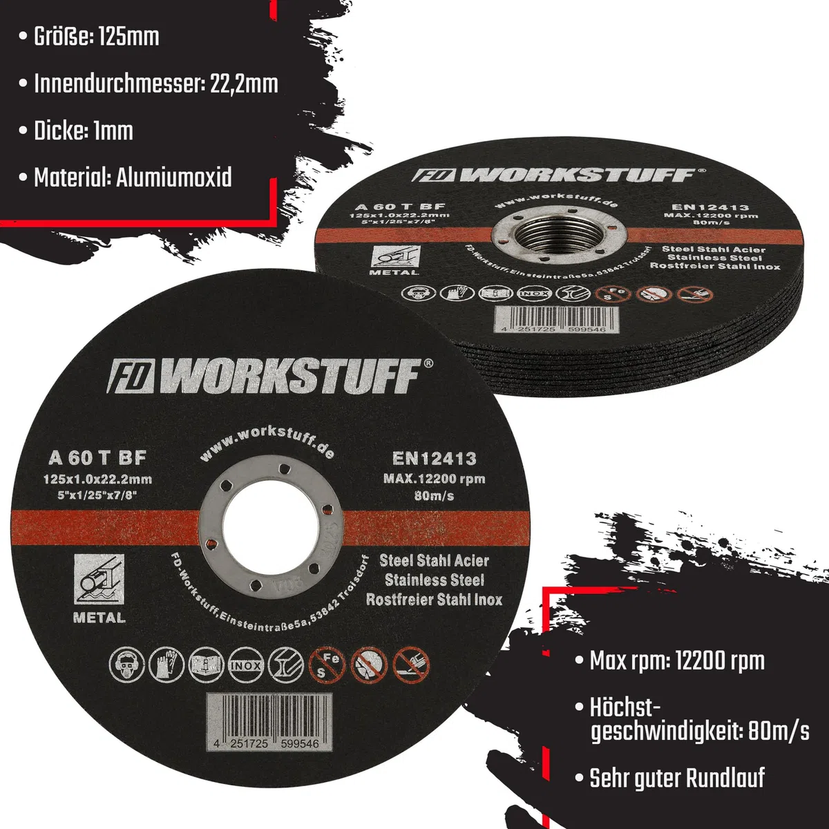 Fd-Workstuff | Discos de corte profesionales | 20 piezas | Ø 115 mm, 1 mm de grosor | para amoladoras flexibles, de corte y angulares | acero inoxidable | discos de corte | discos flexibles