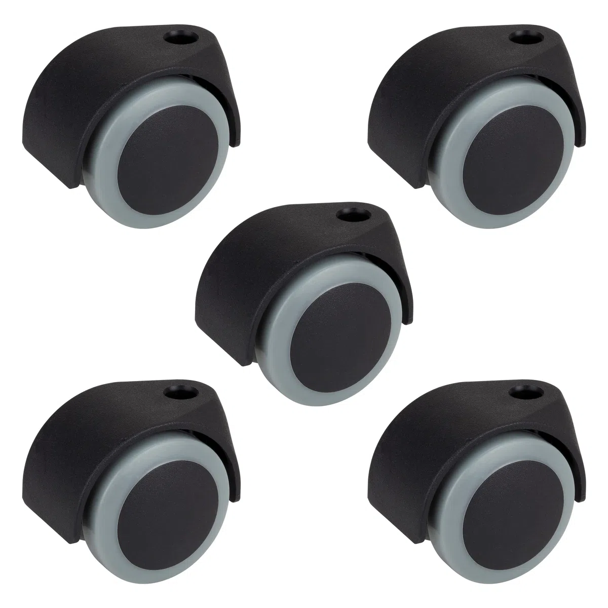 Dörner + Helmer 450023 ruedas para silla giratoria (5 uds.), 50 × 54 mm, carga total 120 kg, orificio 10 mm (borde sup. 11 mm), plástico.