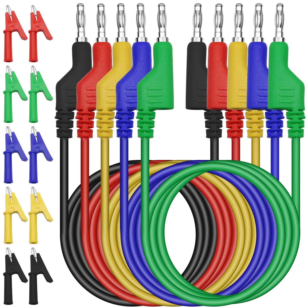 5 Cables de Prueba Para Multímetro de 4 mm, Cable con Conector Banana en 5 Colores, 10 Piezas de Pinzas de Cocodrilo Aisladas, Kit de Puntas de Prueba Para Medir Amperímetros de Cables