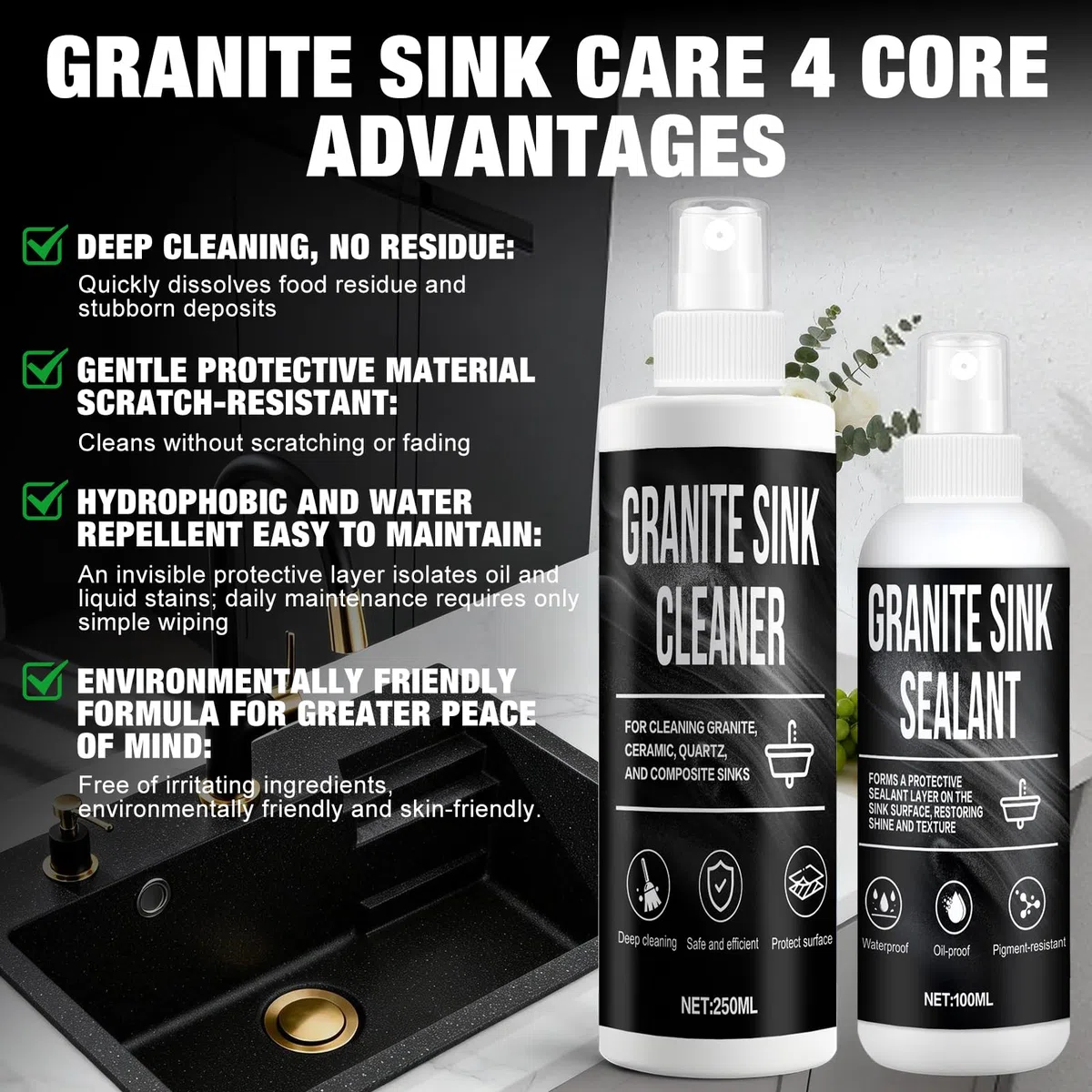 Granite Sink Cleaner, Impregnación para Fregaderos de Granito, Limpiador Fregadero Granito, con 1 Esponjas y 1 Paño de Microfibra, Limpieza, Impermeabilización y Sellado Fregadeross Granitos