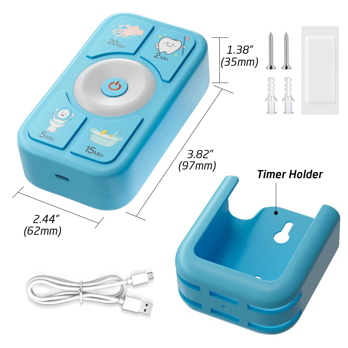 Temporizador para niños, temporizador de cepillo de dientes: temporizador para niños, cepillo de dientes, ducha, lavabo de manos, temporizador para niños pequeños, 2, 5, 15 minutos, 30 segundos, azul