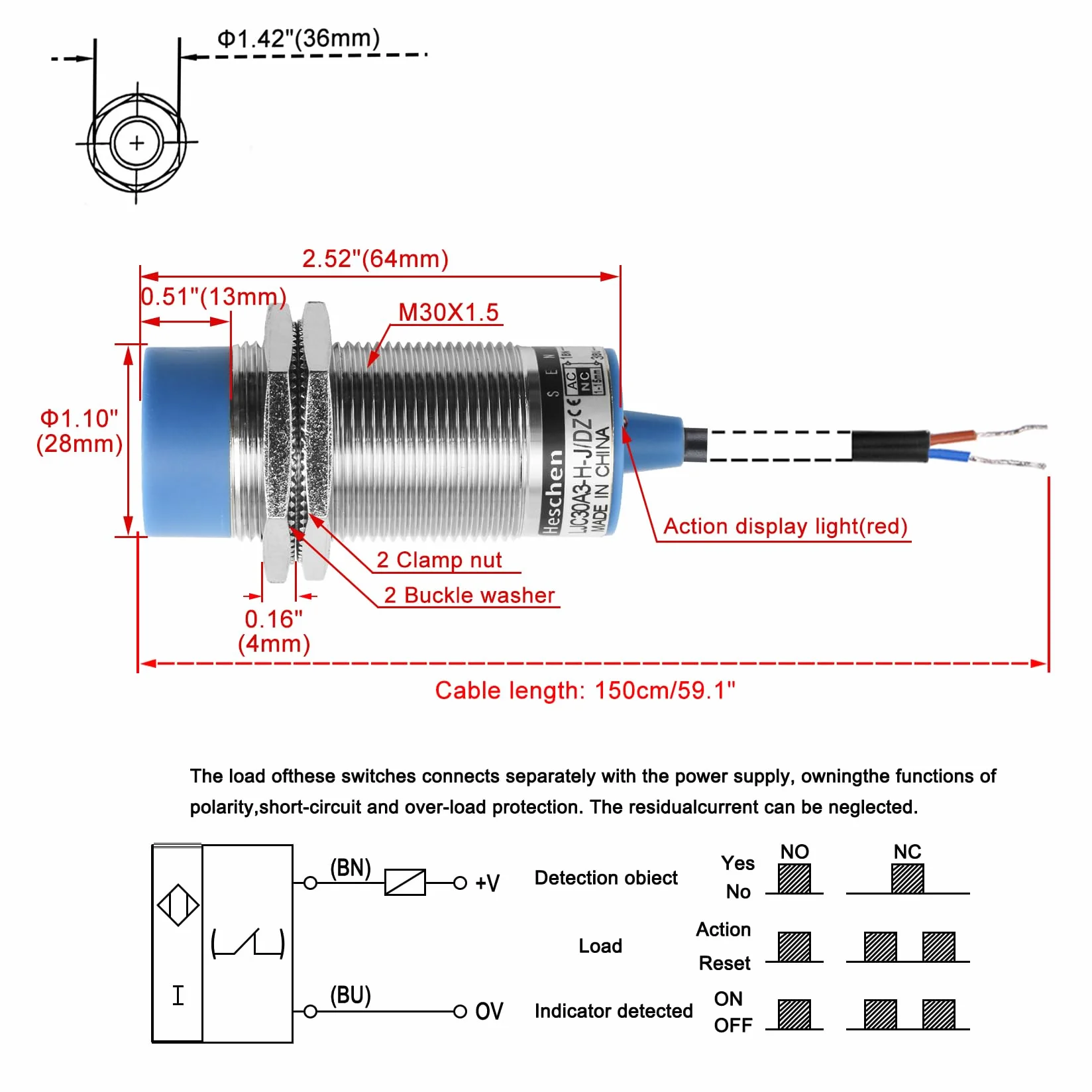 Heschen Sensor de proximidad capacitivo interruptor LJC30A3-H-J/DZ 1-15mm 90-250 VAC 400mA normalmente cerrado (NC) 2 cables