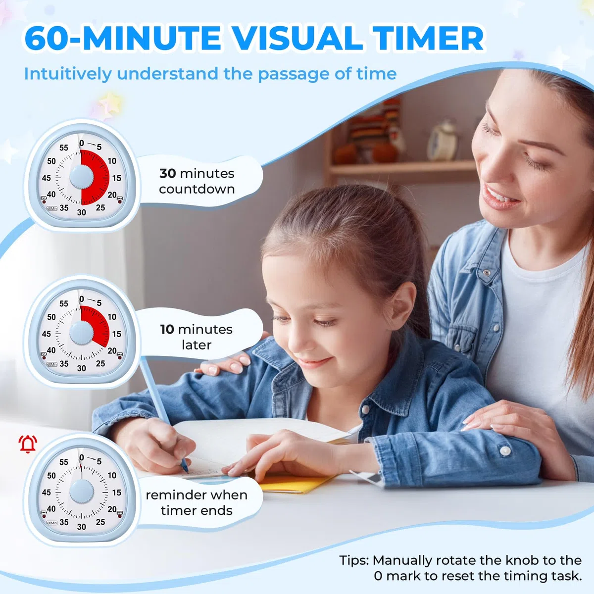 Diboniur Temporizador Visual Niños Recargable, 60 Minutos Temporizador de Cuenta Regresiva, Herramienta de Gestión del Tiempo para Niños y Adultos (Azul)