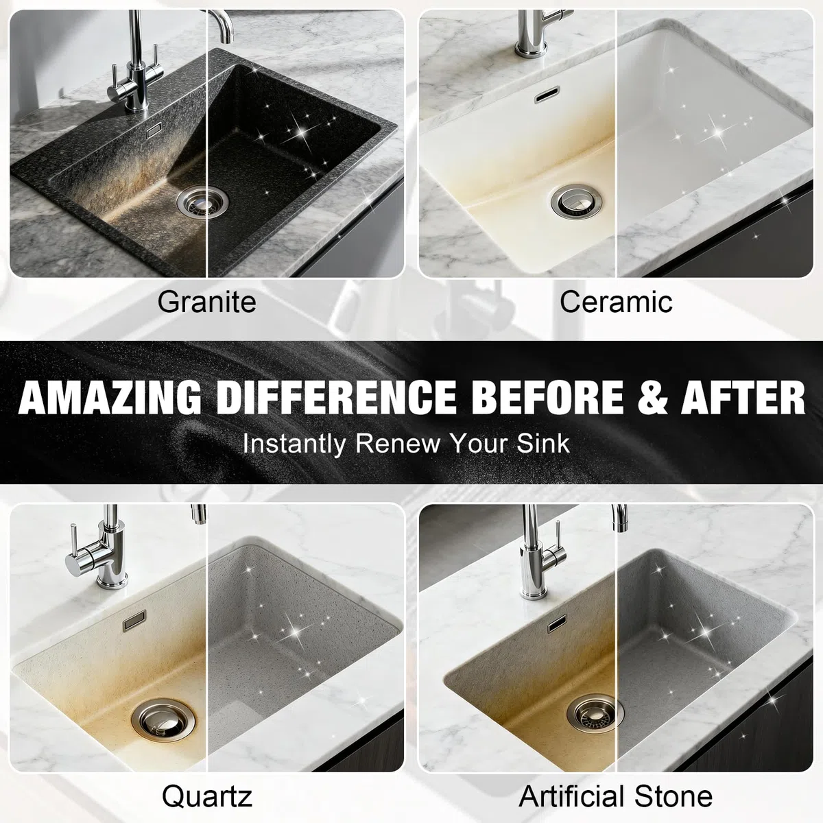 Granite Sink Cleaner, Impregnación para Fregaderos de Granito, Limpiador Fregadero Granito, con 1 Esponjas y 1 Paño de Microfibra, Limpieza, Impermeabilización y Sellado Fregadeross Granitos