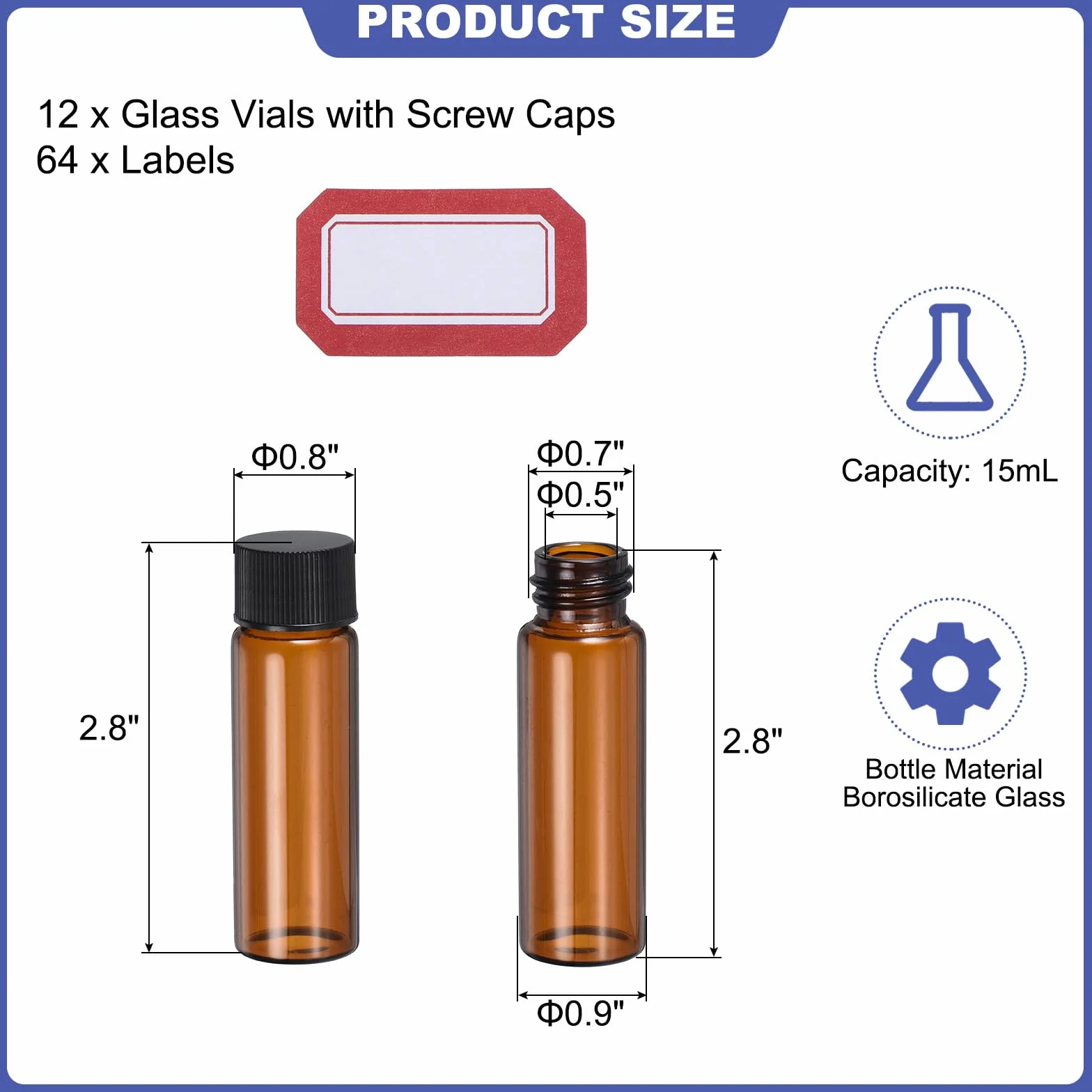 PATIKIL Frasco de Vidrio Ámbar 15 ml, Paquete 12 Frascos Muestra con Tapa Rosca, Etiqueta, a Prueba de Fugas