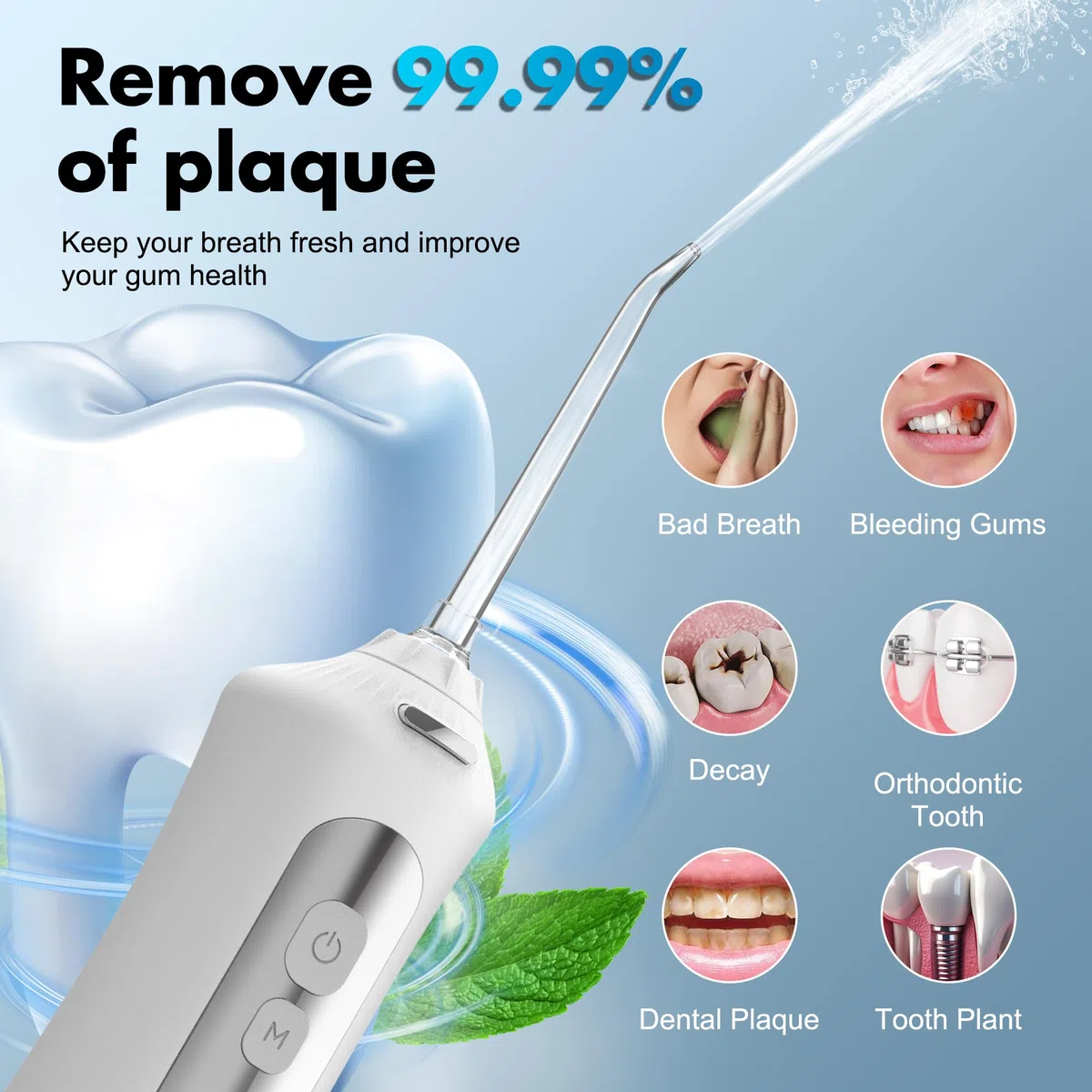 Barberboss Hilo dental portátil para dientes, irrigador oral recargable, kit de hilo dental con 5 ajustes de presión, 5 boquillas intercambiables, tanque de agua de 300 ml y diseño fácil