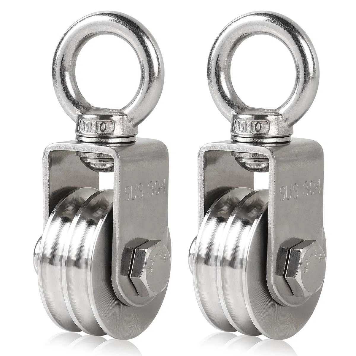 EFUTURETIME 2 x Poleas de Carga de Acero Inoxidable 304 para Cuerda de 8 mm, Polea Simple con Doble Ranura con Cáncamo M10, Giratoria, Capacidad de Carga 200 kg