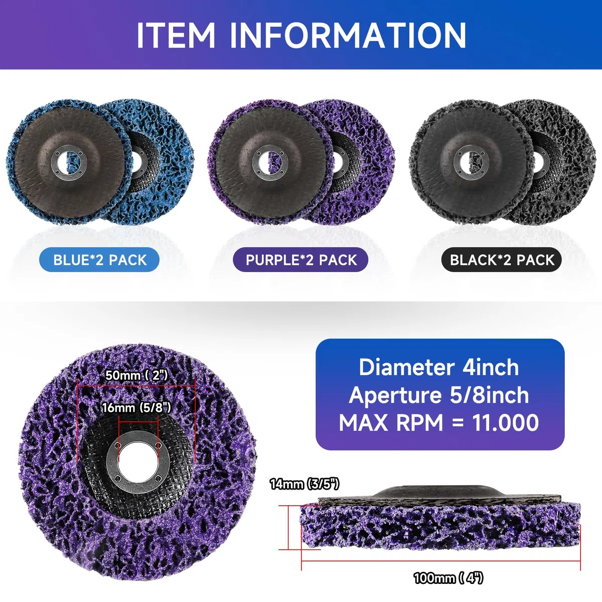 6 Piezas 4"x5/8" Discos de Limpieza Gruesos,100mm Diámetro CSD Disco Pulido Disco Limpieza con Soporte, para Tratamiento de Superficies o Eliminación de Barniz（Morado/Azul/Negro）