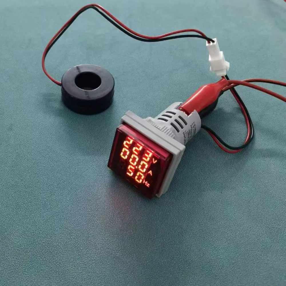 GUUZI 2pcs Pantalla de Tres Dígitos Corriente CA 20-500V, Voltaje 0-100A, Indicador de Frecuencia 20-70HZ, Monitor de Instrumento de Medición Multifunción LED de Cabeza Cuadrada de 22mm (Rojo)