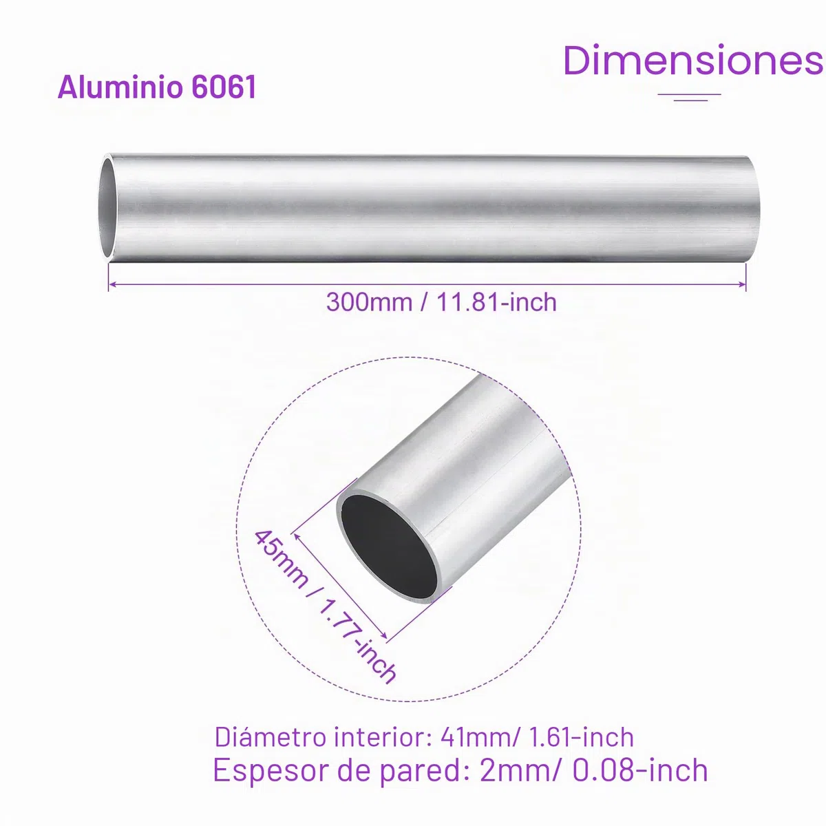 DMiotech (45mm OD X 41mm ID) Tubo Redondo de Aluminio 6061 de 300mm de Longitud para Tubos de Metal de la Industria para Construcción de Marcos de Maquinaria Proyectos de DIY