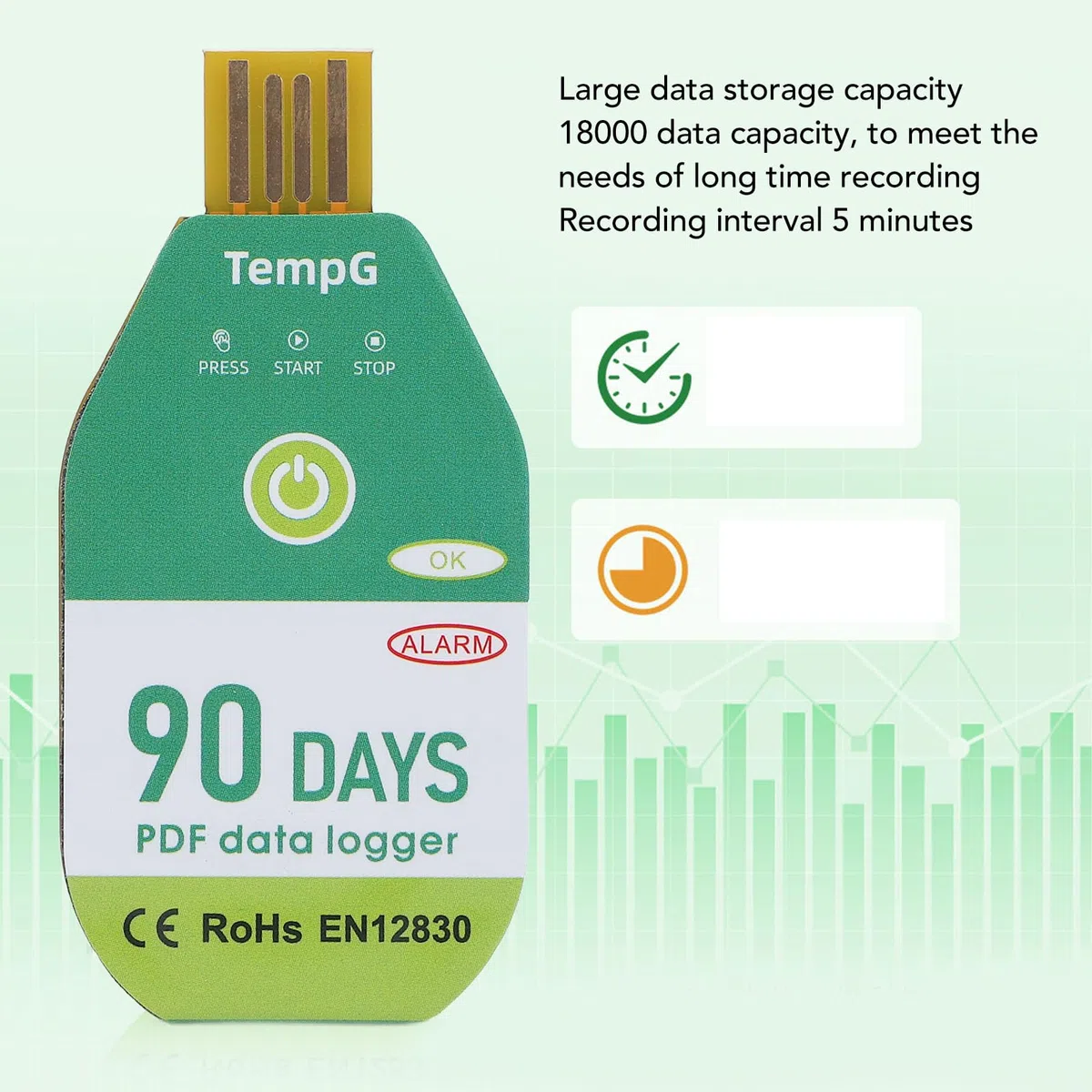 Logger de Datos de Temperatura de 1 Pueblo, Registrador de Temperatura Desechable USB con 18000 Puntos, PDF Informa una Alta Precisión de Solo Uso IP67 Resistente Al Agua para el (60 días) (90 días)