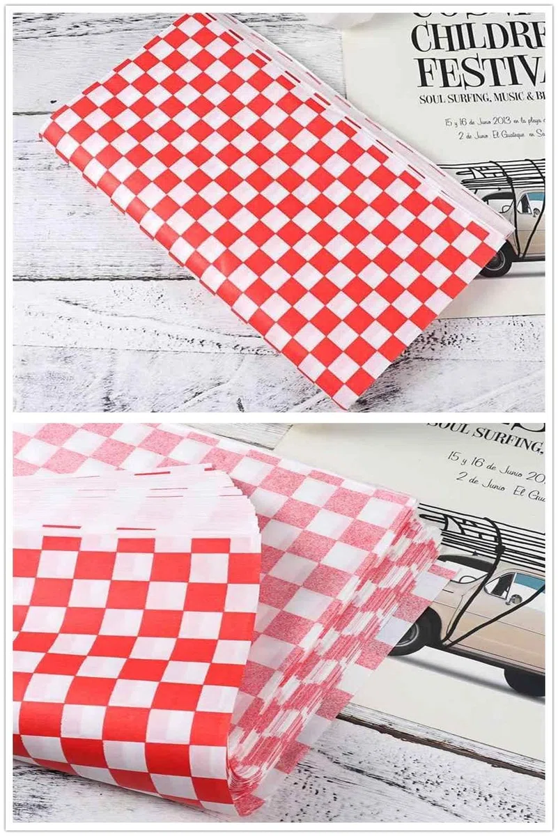Papel de Envoltorio Antigrasa 100 pcs 28X34 cm Cuadrados Blancos Rojos Antihumedad Durable Papel Horno para Envolver para Bocadillo Hamburguesas Snacks