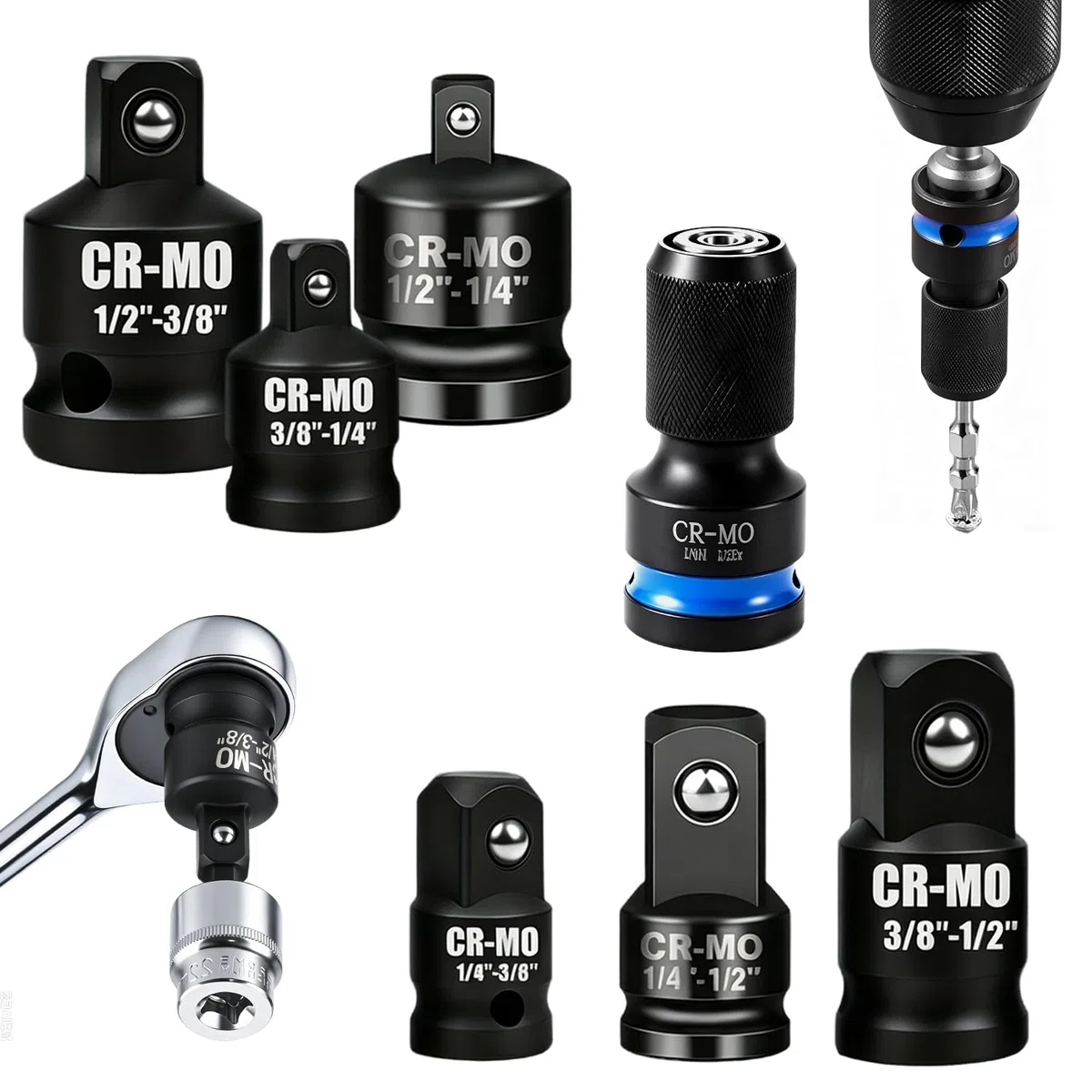 Adaptador 3/8 a 1/2 de Acero Cromo Vanadio Adaptador Carraca para Reparaciones de Automoción y Maquinaria Juego de Adaptadores con Bloqueo y Medidas 1/2 3/8 1/4