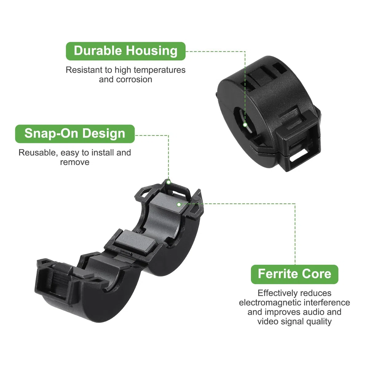 QUARKZMAN 8 Piezas De Anillo De Ferrita Con Clip, Filtro De Supresión De Ruido RFI EMI Abrazadera Para Cables De 10mm USB Vídeo Datos, Negro, Cilindro Con Ranura Cuadrada