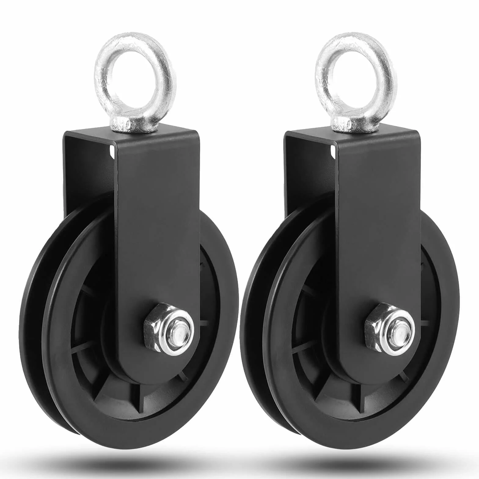 Juego de ruedas de polea de gimnasio, 90 mm de diámetro, capacidad de carga de 160 kg, color negro, con soportes de montaje (2 piezas)