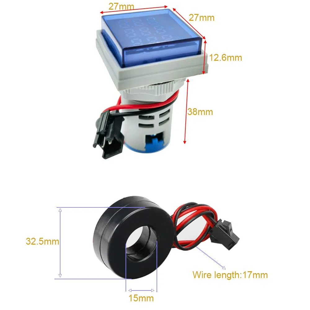 GUUZI 2pcs Pantalla de Tres Dígitos Corriente CA 20-500V, Voltaje 0-100A, Indicador de Frecuencia 20-70HZ, Monitor de Instrumento de Medición Multifunción LED de Cabeza Cuadrada de 22mm (Rojo)
