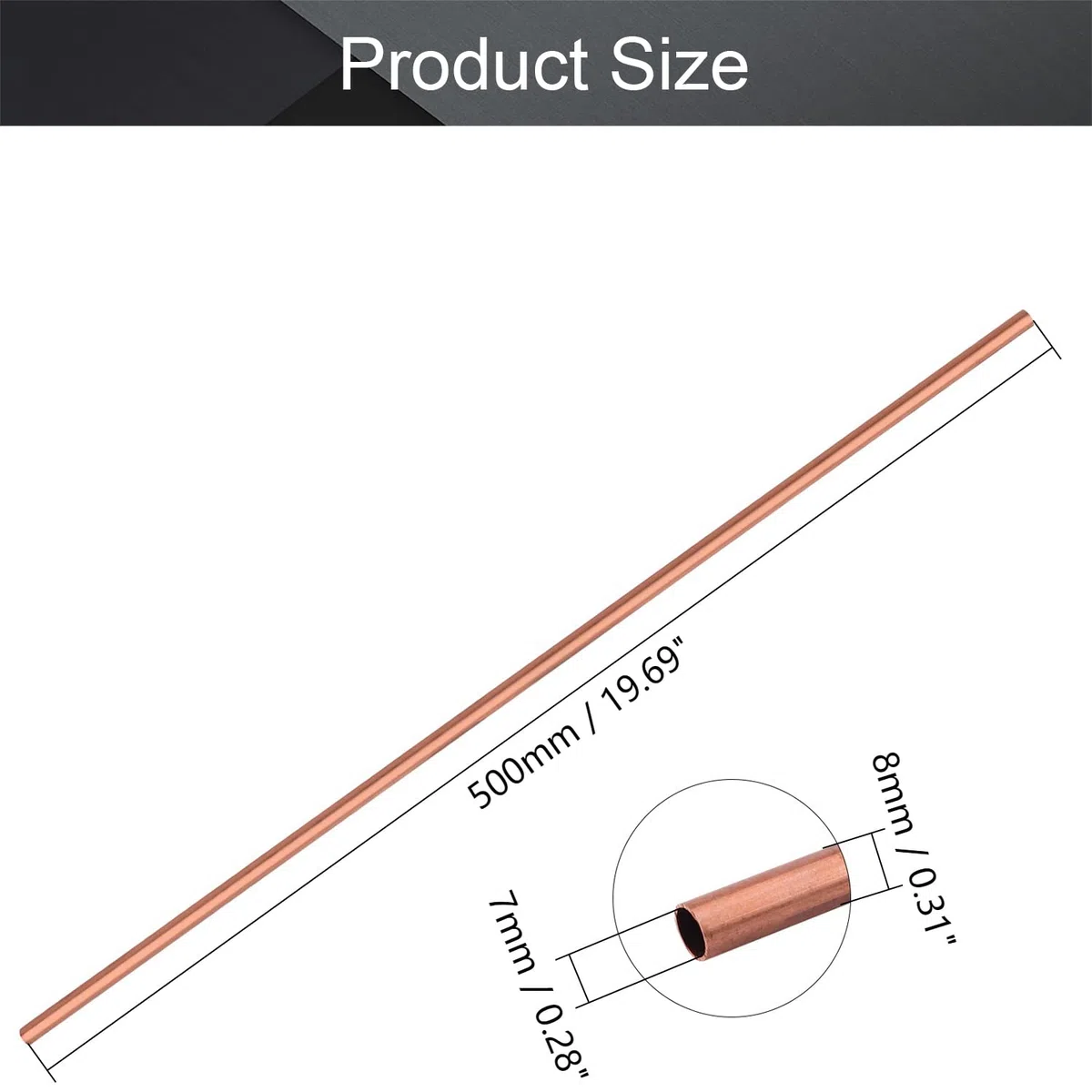MroMax Tubo redondo de cobre de 50 cm de largo de 7 mm de diámetro interior x 8 mm de diámetro exterior x 500 mm de largo, tubo recto de cobre rojo, barra redonda de 1,64 pies para proyectos de