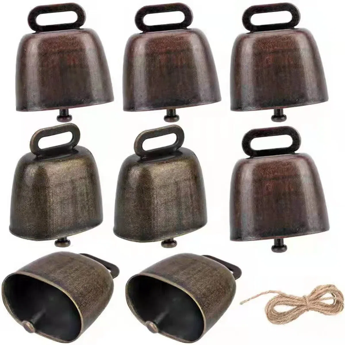 8 Pieza Vintage Campana Vaca, Campana de Bronce Ovejas, Cencerros de Metal Mini Campanas, Accesorios Antirrobo Para Granja de Animales con Cuerda de 3 Metro, para Animales de Vaca, Caballos, Ovejas