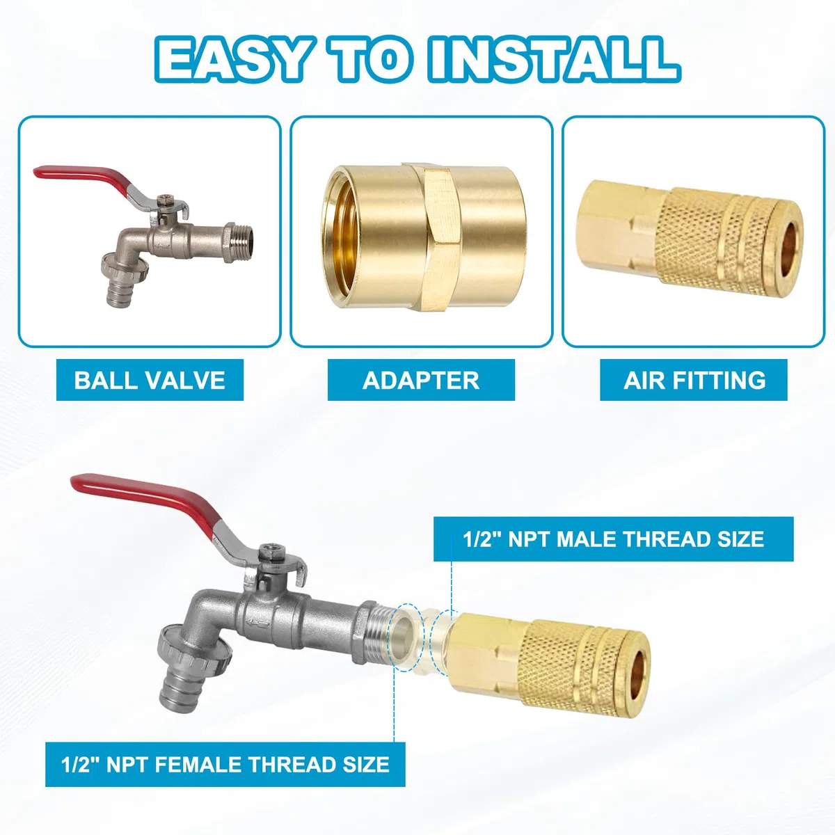 PATIKIL Acoplador NPT de latón de 1/2" x 1/2", paquete de 2 acoplamientos hembra hexagonales para tuberías de fontanería doméstica, bases de cabezales de ducha, color dorado