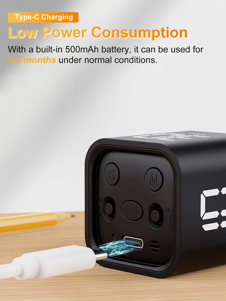 VOBOR Cubo Temporizador Pomodoro Digital, 5/10/30/60 Minutos y Cuenta Atrás Personalizada, Alerta de Vibración y Sonido Ajustable, para Cocina, Estudio, Oficina, Niños, Ejercicio y TDAH (Blanco)