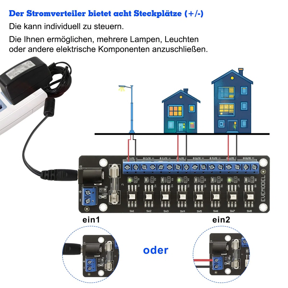 Evemodel 1 juego de interruptores de 3-24 V CC, interruptor de conmutación, distribuidor de corriente, regleta de distribución de corriente (8 interruptores)