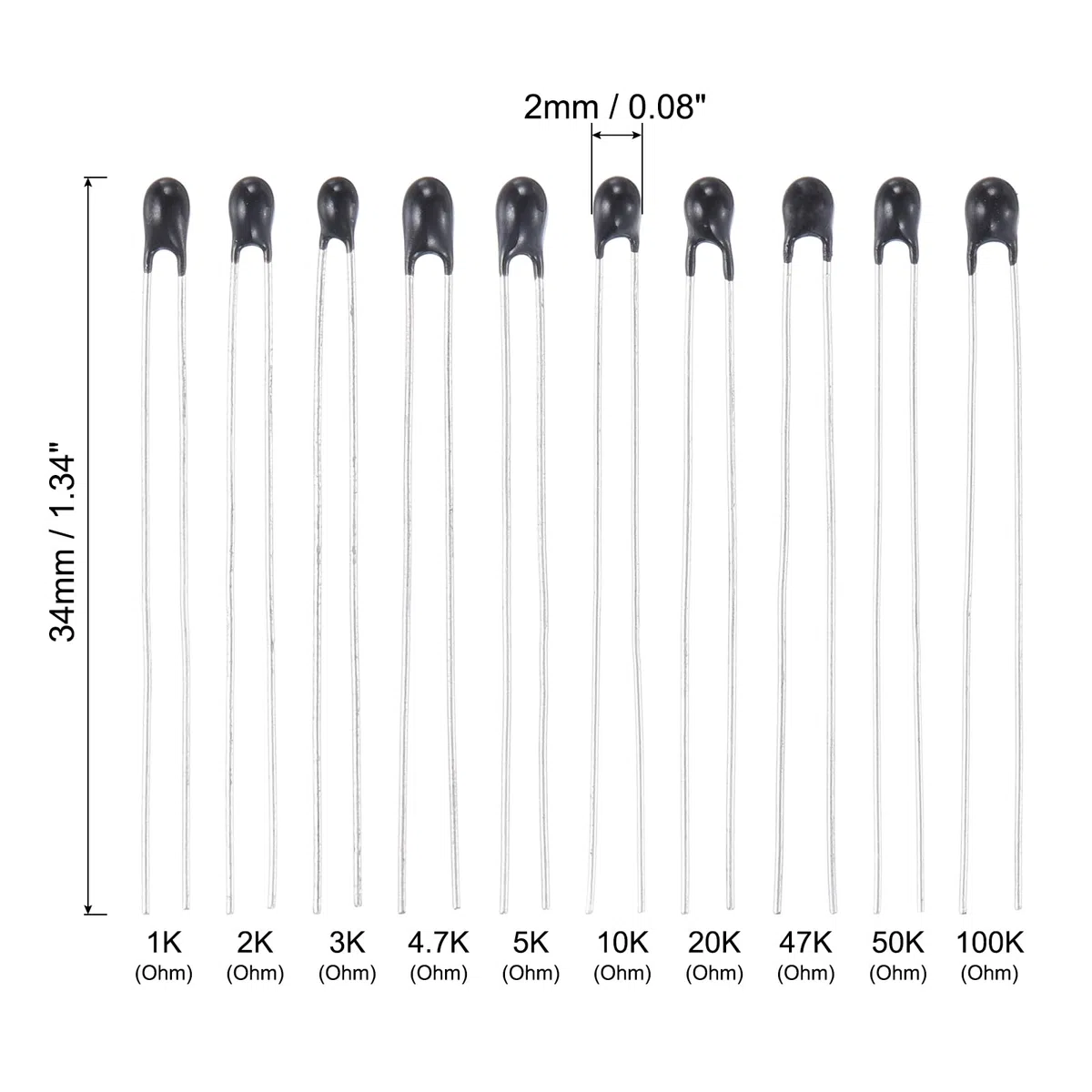 QUARKZMAN 100 Paquete NTC Termistores Resistencias, 1K/2K/3K/4.7K/5K/10K/20K/47K/50K/100KOhm Alta Sensibilidad Corriente Limitador Temperatura Sensor para Medición