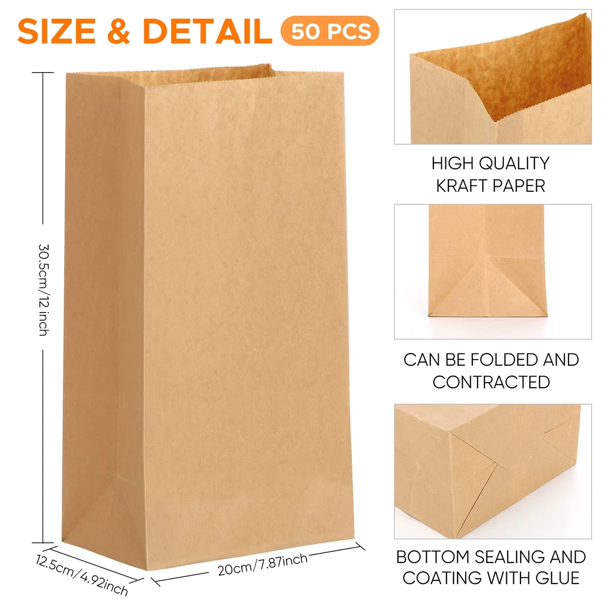50 pzs Bolsas Papel Kraft,Sobres Kraft,Bolsa De Papel(20x12.5x30.5cm)
