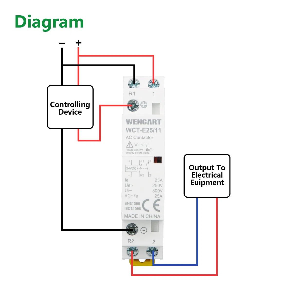 Wengart Contactor CC doméstico WCT-E25, 25A, 1NO1NC_DC24V, solución perfecta sin ruido para aplicaciones CC, optimizada para el control inteligente del sistema