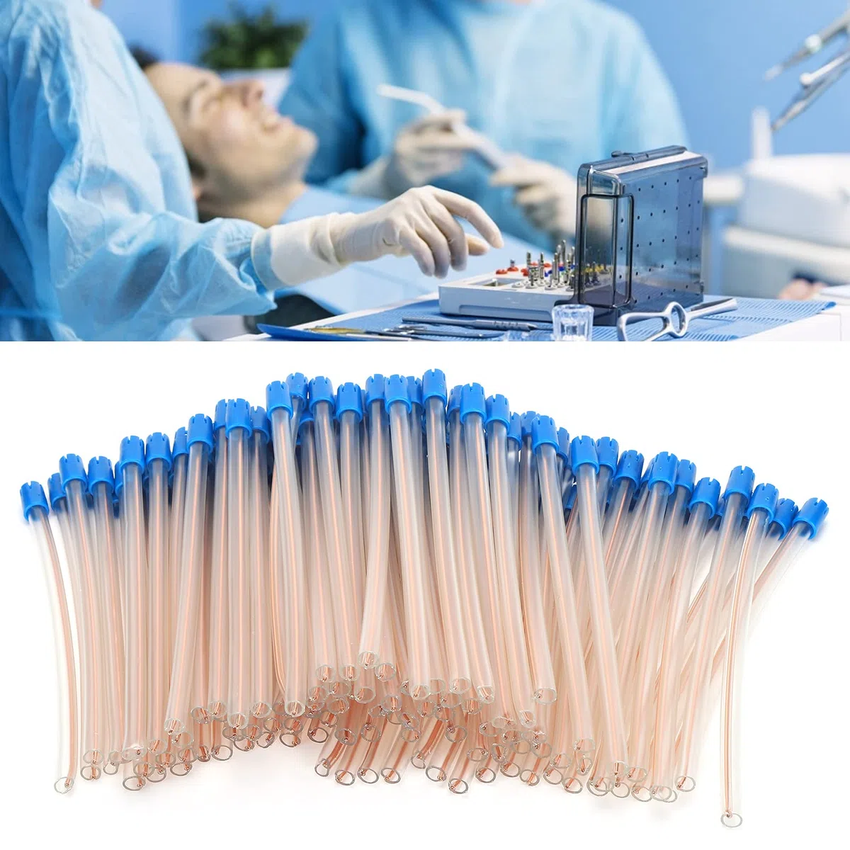 100 Pajitas Desechables para Eyector de Saliva, Puntas de Succión sin Látex, Tubo Transparente Flexible con Puntas Azules, Accesorios para el Cuidado Bucal