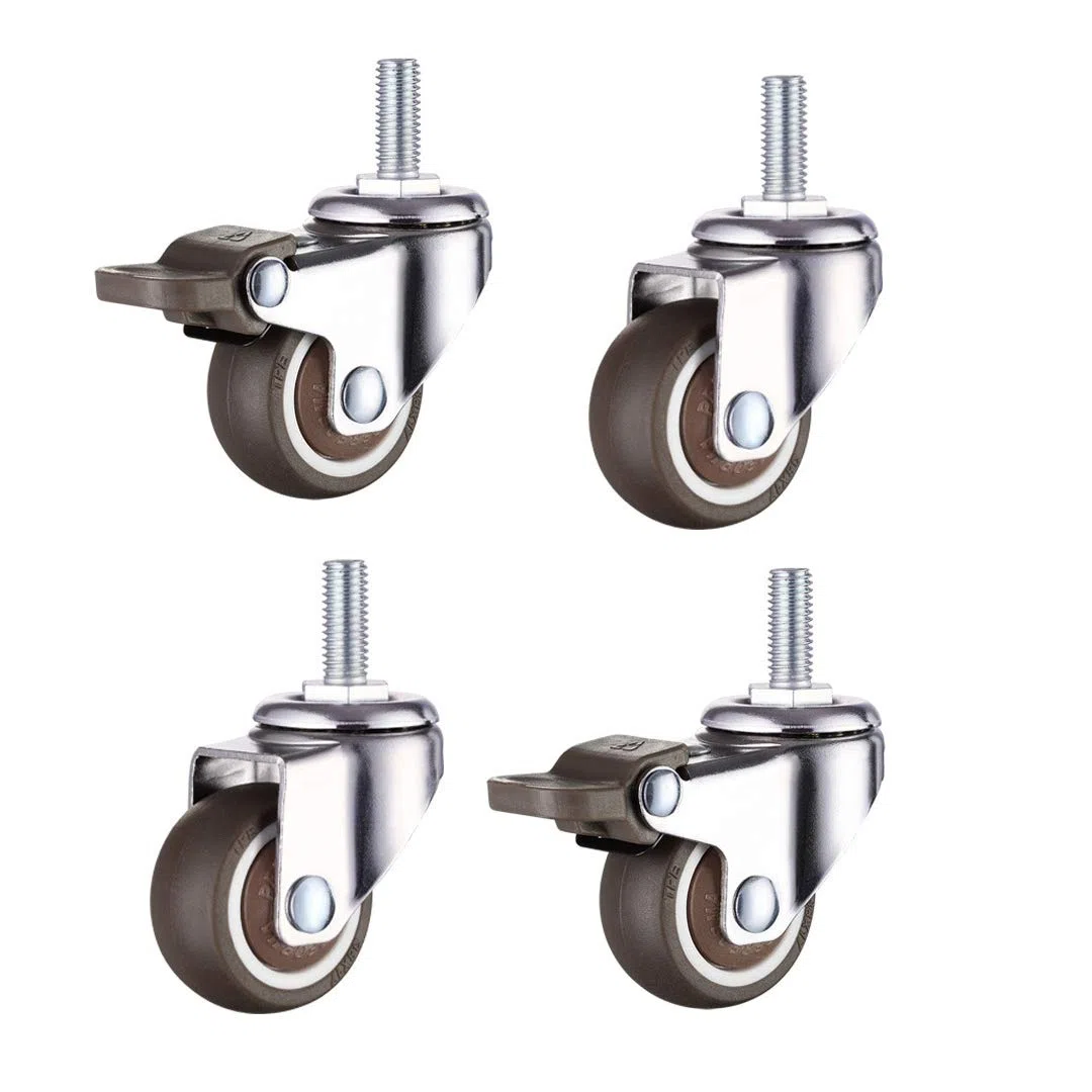 Norgail Ruedas giratorias pequeñas para carrito de la compra de 1 pulgada, goma suave, TPE, M6 x 15 mm, rosca métrica, mini rueda de vástago (2 con frenos), capacidad de carga de 24 libras/11 kg,