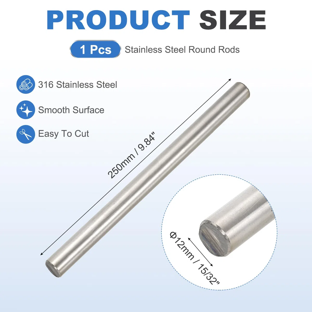 QUARKZMAN Barra Redonda De Acero Inoxidable 316 De 15/32"(12mm) Y 9.84"(250mm) De Longitud, Barra Maciza De Metal Para Proyectos Industriales De Bricolaje Y Trabajo Con Metales
