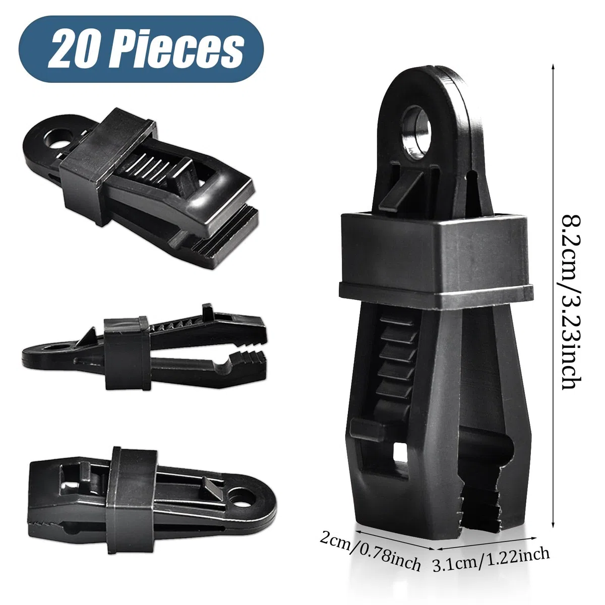 HOOPOE Clip para Toldos y Lonas,20 Piezas Ajustable Pinzas para Toldos y Lonas,Multifuncional Tarp Clips de Tienda de Plastico Negro con Fuerte Mango de Bloqueo para Carpas