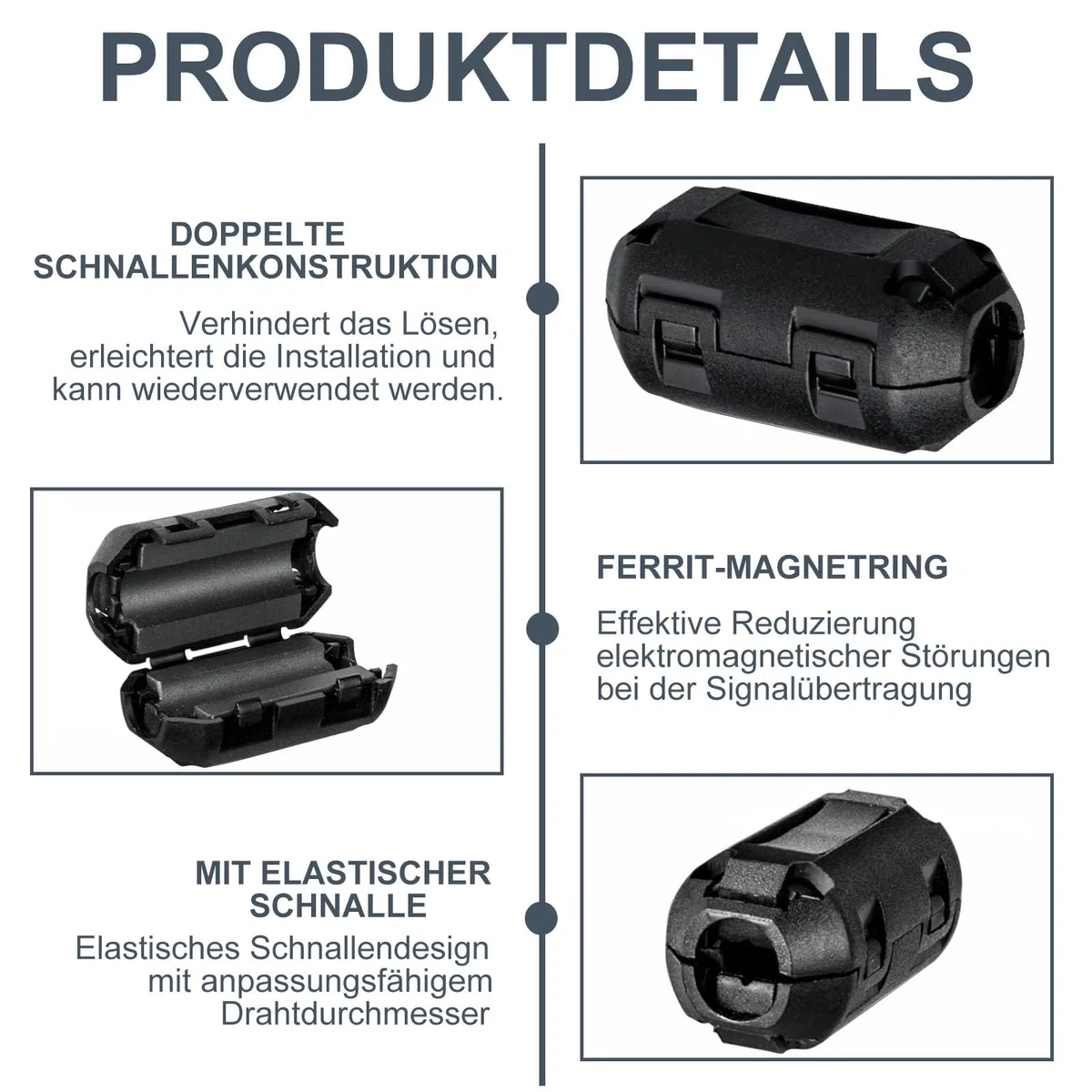 Núcleos de ferrita para cables, 30 piezas de núcleo de ferrita enganchable, supresor de ruido EMI con clip para cables de 3.5 mm, 5 mm, 7 mm de diámetro interior para cables USB, audio y video, y