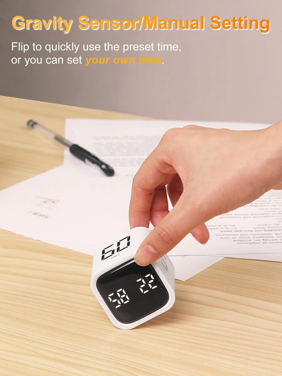 VOBOR Cubo Temporizador Pomodoro Digital, 5/10/30/60 Minutos y Cuenta Atrás Personalizada, Alerta de Vibración y Sonido Ajustable, para Cocina, Estudio, Oficina, Niños, Ejercicio y TDAH (Blanco)
